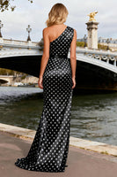 Load image into Gallery viewer, Black and White Polka Dots Long Satin Prom Dress with Slit