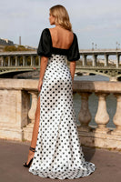 Load image into Gallery viewer, Black and White Satin Long Polka Dots Prom Dress