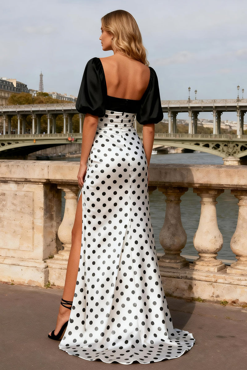 Load image into Gallery viewer, Black and White Satin Long Polka Dots Prom Dress