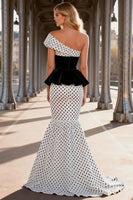 Load image into Gallery viewer, Black and White Polka Dots Asymmetrical Mermaid Satin Long Prom Dress