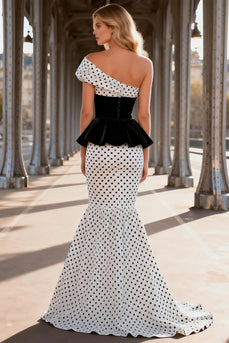 Black and White Polka Dots Asymmetrical Mermaid Satin Long Prom Dress