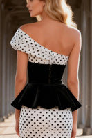 Load image into Gallery viewer, Black and White Polka Dots Asymmetrical Mermaid Satin Long Prom Dress