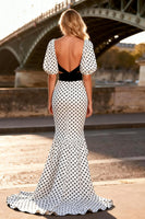 Load image into Gallery viewer, Black and White Puff Sleeves Polka Dots Long Mermaid Prom Dress with Slit
