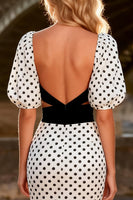 Load image into Gallery viewer, Black and White Puff Sleeves Polka Dots Long Mermaid Prom Dress with Slit