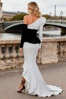 Load image into Gallery viewer, Black and White Satin Polka Dots Long Mermaid Prom Dress with Sleeves