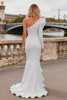 Load image into Gallery viewer, Black and White Satin Polka Dots Long Mermaid Prom Dress with Sleeves