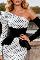 Load image into Gallery viewer, Black and White Satin Polka Dots Long Mermaid Prom Dress with Sleeves