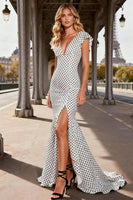 Load image into Gallery viewer, Black and White Polka Dots V-Neck Long Satin Prom Dress with Slit