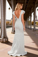 Load image into Gallery viewer, Black and White Polka Dots V-Neck Long Satin Prom Dress with Slit