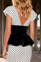 Load image into Gallery viewer, Black and White Polka Dots V-Neck Long Satin Prom Dress with Slit