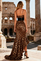 Load image into Gallery viewer, Khaki Leopard V-Neck Asymmetrical Mermaid Prom Dress with Ruffles