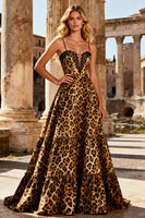Load image into Gallery viewer, Khaki Leopard Print Spaghetti Straps A Line Long Prom Dress with Lace