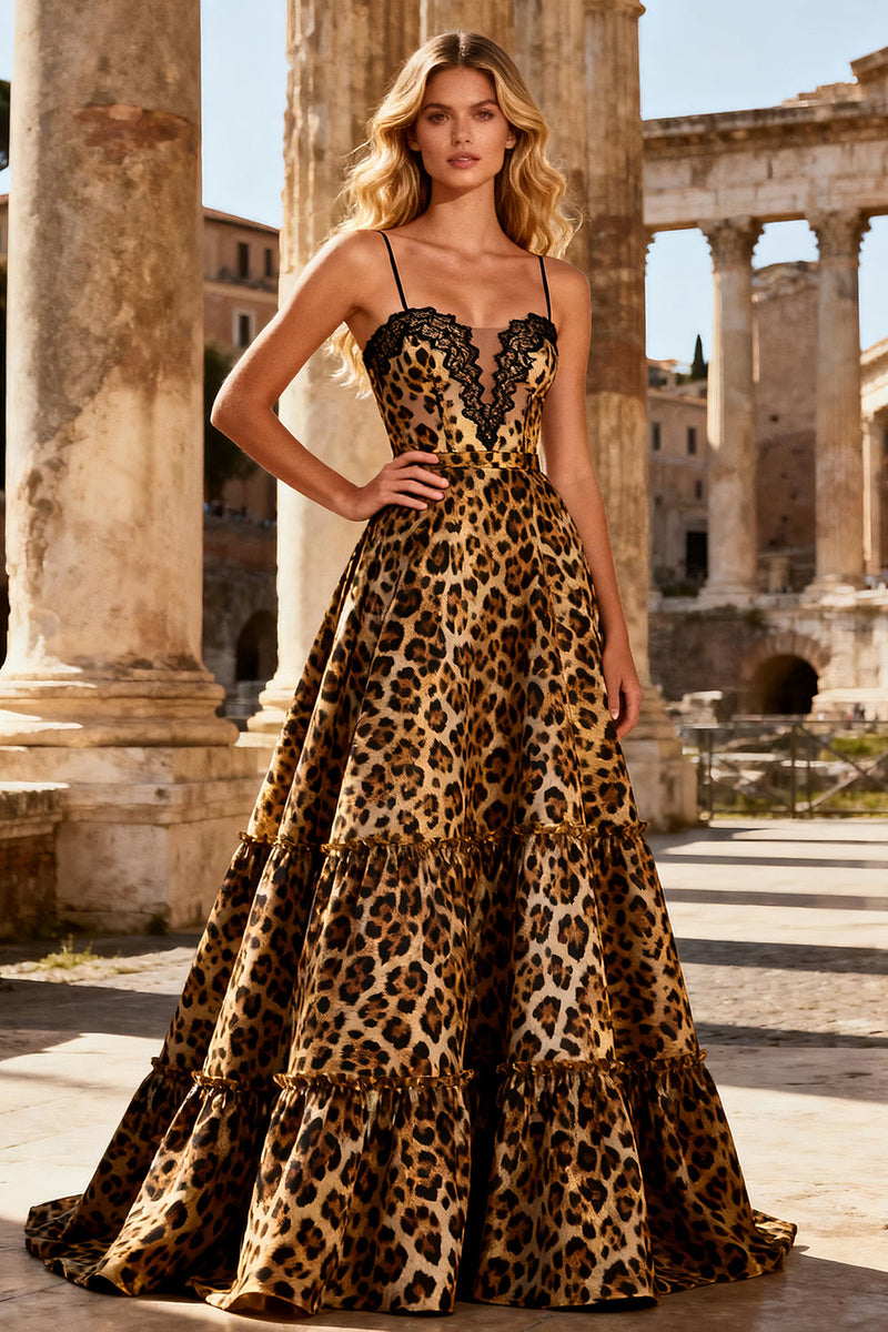 Load image into Gallery viewer, Khaki Leopard Print Spaghetti Straps A Line Long Prom Dress with Lace