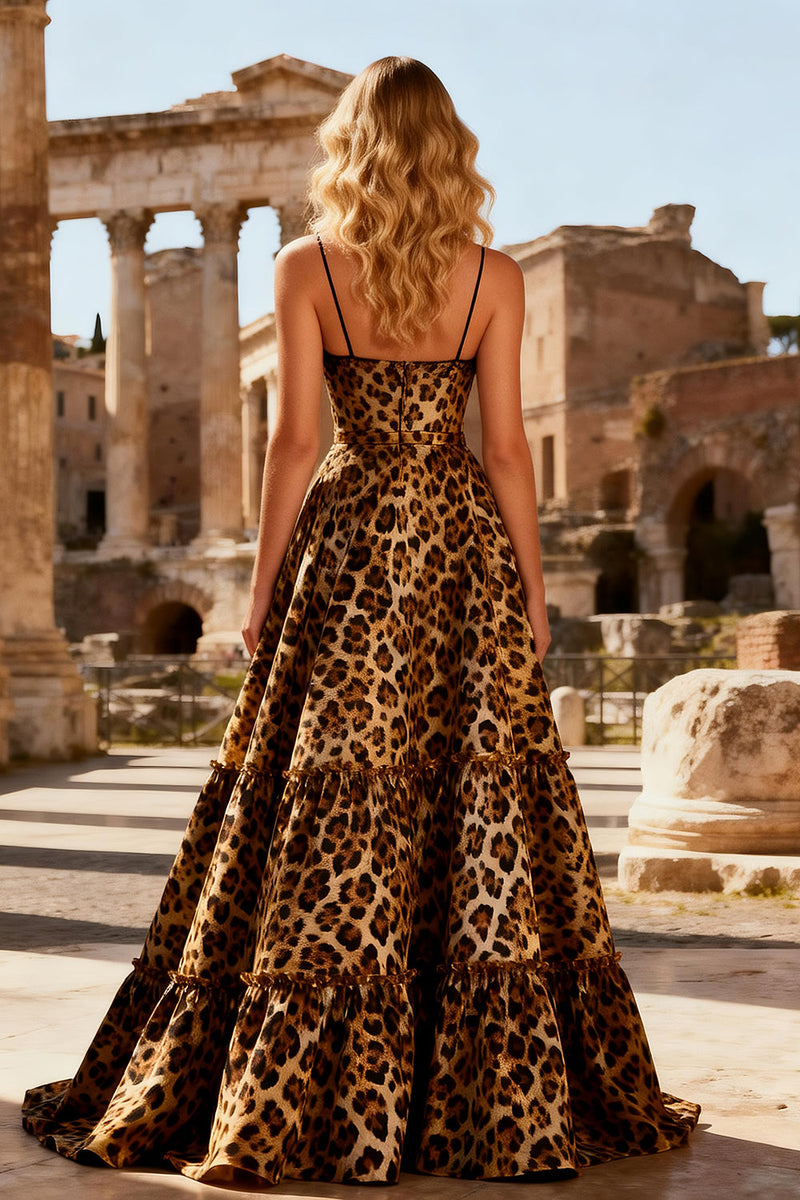 Load image into Gallery viewer, Khaki Leopard Print Spaghetti Straps A Line Long Prom Dress with Lace