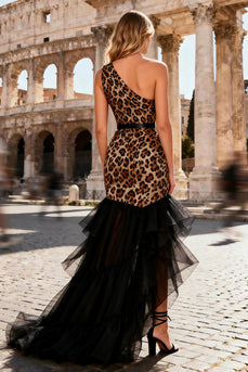 Khaki Leopard Print One Shoulder Mermaid Long Prom Dress