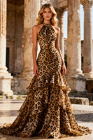 Load image into Gallery viewer, Khaki Leopard Print Halter Long Mermaid Prom Dress with Ruffles