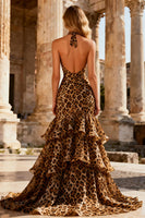 Load image into Gallery viewer, Khaki Leopard Print Halter Long Mermaid Prom Dress with Ruffles