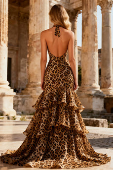 Khaki Leopard Print Halter Long Mermaid Prom Dress with Ruffles