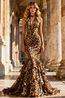 Load image into Gallery viewer, Khaki Leopard Ruffled Chiffon Tiered Long Mermaid Prom Dress