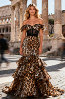 Load image into Gallery viewer, Khaki Leopard Ruffled Mermaid Corset Long Prom Dress