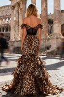 Load image into Gallery viewer, Khaki Leopard Ruffled Mermaid Corset Long Prom Dress