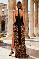Load image into Gallery viewer, Khaki Leopard Print Strapless Sheath Corset Long Prom Dress with Slit
