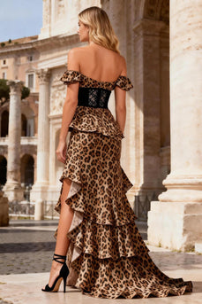 Khaki Leopard Ruffled Off the Shoulder Long Prom Dress with Slit