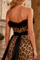 Load image into Gallery viewer, Khaki Chiffon Leopard Ruffled Sweetheart Long Prom Dress with Slit