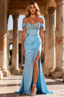 Load image into Gallery viewer, Sky Blue Beaded Mermaid Corset Long Prom Dress with Belt