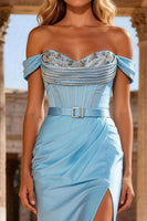 Load image into Gallery viewer, Sky Blue Beaded Mermaid Corset Long Prom Dress with Belt