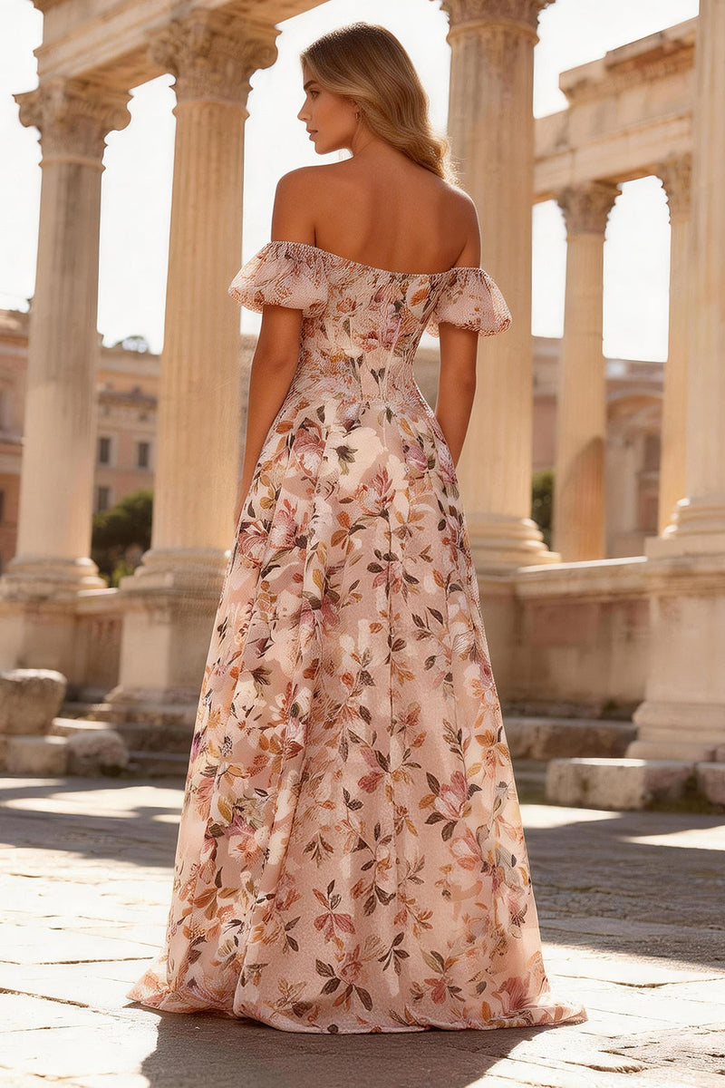 Load image into Gallery viewer, Floral Pink Off the Shoulder A Line Corset Long Prom Dress with Slit