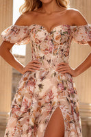 Load image into Gallery viewer, Floral Pink Off the Shoulder A Line Corset Long Prom Dress with Slit