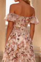 Load image into Gallery viewer, Floral Pink Off the Shoulder A Line Corset Long Prom Dress with Slit
