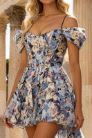 Load image into Gallery viewer, Floral Blue Cold Shoulder A Line Short Corset Prom Dress with Cape