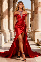 Load image into Gallery viewer, Red Mermaid Halter Neck Beaded Long Prom Dress with Slit