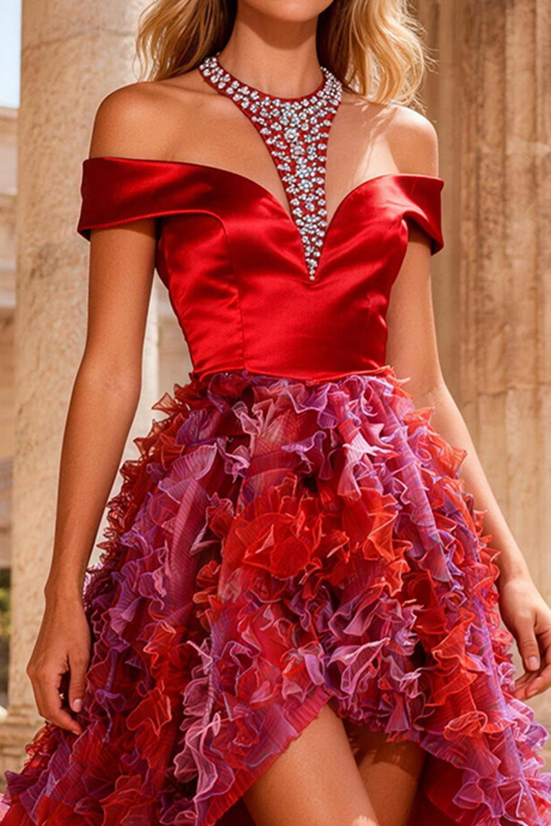 Load image into Gallery viewer, Red Halter Neck A Line High Low Prom Dress with Beading