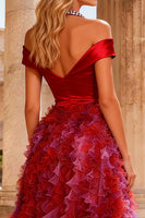 Load image into Gallery viewer, Red Halter Neck A Line High Low Prom Dress with Beading