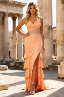 Load image into Gallery viewer, Peach Beaded Ruffled Mermaid Long Prom Dress with Slit