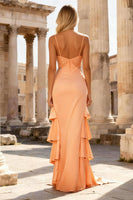 Load image into Gallery viewer, Peach Beaded Ruffled Mermaid Long Prom Dress with Slit