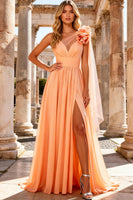 Load image into Gallery viewer, Peach One Shoulder A Line Long Prom Dress with 3D Flower