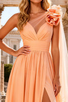 Load image into Gallery viewer, Peach One Shoulder A Line Long Prom Dress with 3D Flower