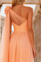 Load image into Gallery viewer, Peach One Shoulder A Line Long Prom Dress with 3D Flower