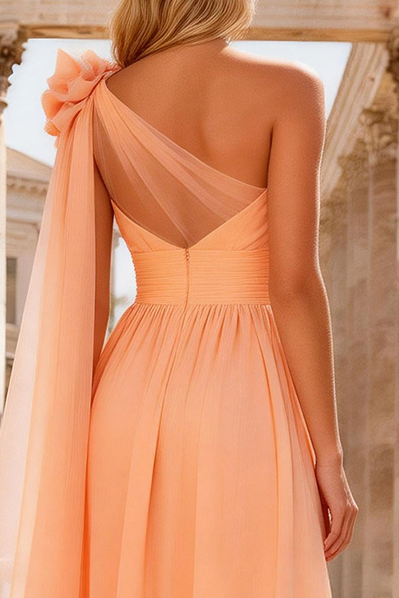 Load image into Gallery viewer, Peach One Shoulder A Line Long Prom Dress with 3D Flower