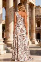 Load image into Gallery viewer, Pink Floral One Shoulder A Line Long Corset Prom Dress with Slit