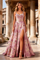 Load image into Gallery viewer, Sparkly Floral Pink A Line Beaded Corset Long Prom Dress with Slit