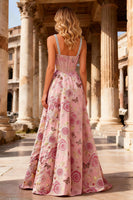 Load image into Gallery viewer, Sparkly Floral Pink A Line Beaded Corset Long Prom Dress with Slit