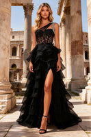 Load image into Gallery viewer, Black Lace Beaded One Shoulder Long Prom Dress with Ruffles