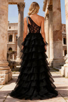 Load image into Gallery viewer, Black Lace Beaded One Shoulder Long Prom Dress with Ruffles