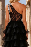 Load image into Gallery viewer, Black Lace Beaded One Shoulder Long Prom Dress with Ruffles