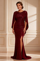 Load image into Gallery viewer, Burgundy Boat Neck Mermaid Long Mother of the Bride Dress with Slit